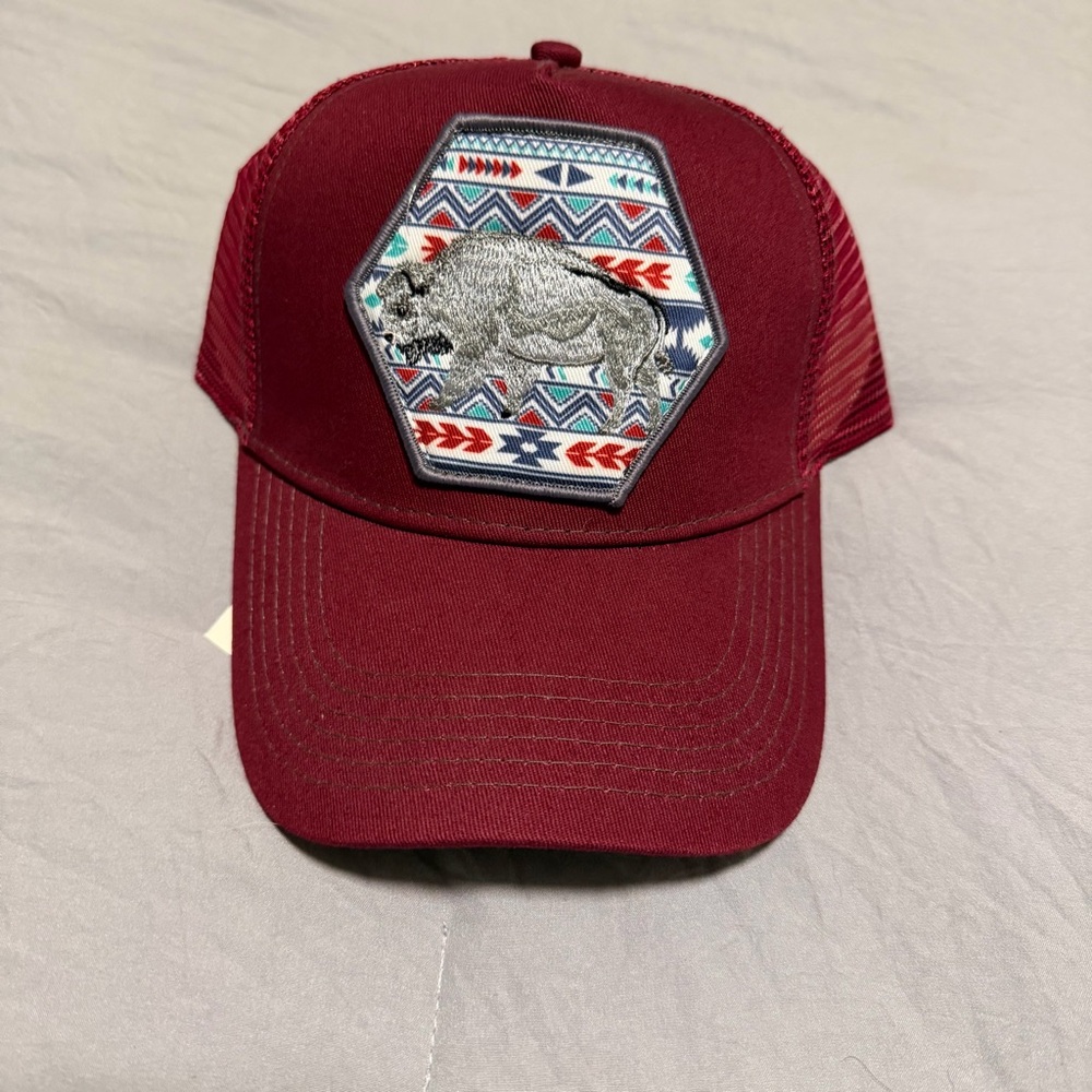 PLATINI Burgundy with Silver Tone Bison Hexagon Patch Cap NWT